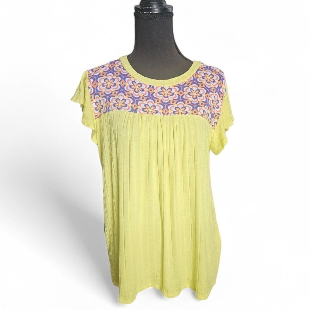 Haptics By Holly Harper Yellow Daisy Flower Yoke Rib Knit Top Size S Oversized